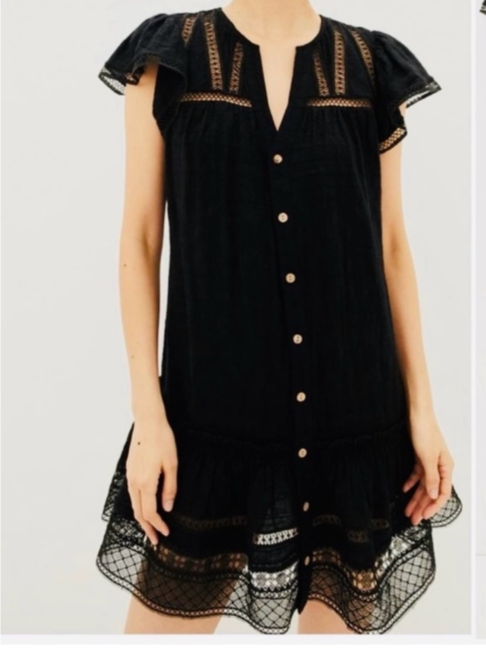 Veronica Beard “Mirtea” Button-Front Lace Mini Dress in Black